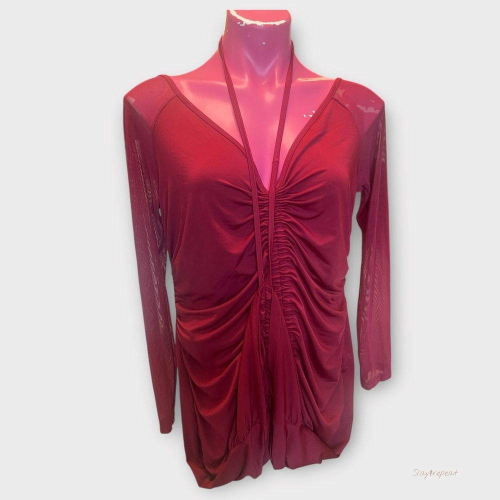 Berry Red Long Sleeve Ruched Bodycon Dress XL Sheer Mesh Sleeves